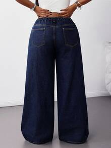 SHEIN Tall CURVE 大尺碼女款夏季休閒傳統寬鬆日常正式度假海灘深藍色寬腿牛仔褲，低腰鬆緊腰水洗丹寧長褲，Y2K風格 - 深色水洗藍 - 查看 3