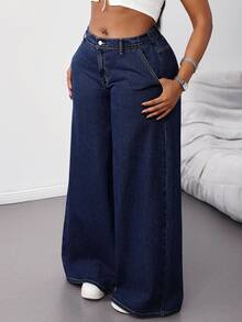 SHEIN Tall CURVE 大尺碼女款夏季休閒傳統寬鬆日常正式度假海灘深藍色寬腿牛仔褲，低腰鬆緊腰水洗丹寧長褲，Y2K風格 - 深色水洗藍 - 查看 6