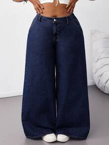 SHEIN Tall CURVE 大尺碼女款夏季休閒傳統寬鬆日常正式度假海灘深藍色寬腿牛仔褲，低腰鬆緊腰水洗丹寧長褲，Y2K風格 - 深色水洗藍 - 查看 7