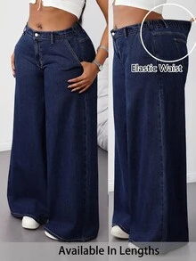SHEIN Tall CURVE 大尺碼女款夏季休閒傳統寬鬆日常正式度假海灘深藍色寬腿牛仔褲，低腰鬆緊腰水洗丹寧長褲，Y2K風格 - 深色水洗藍 - 查看 10