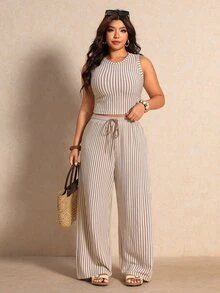Elaquor 大尺碼女款度假休閒熱帶條紋背心褲兩件套，白色夏季海灘正式穿搭出遊套裝 - 杏色 - 查看 5