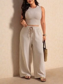 Elaquor 大尺碼女款度假休閒熱帶條紋背心褲兩件套，白色夏季海灘正式穿搭出遊套裝 - 杏色 - 查看 6
