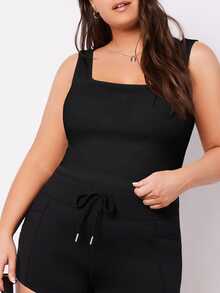 SHEIN BASICS Plus Size Women Solid Color Casual Traditional Push Up Crop Tanktop Shapewear Tight Fitting Black Summer Tops Formal Vacation Formal Home Wear - Black - View 5