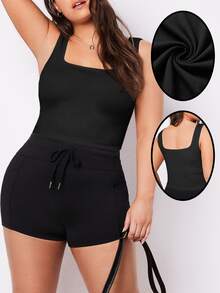 SHEIN BASICS Plus Size Women Solid Color Casual Traditional Push Up Crop Tanktop Shapewear Tight Fitting Black Summer Tops Formal Vacation Formal Home Wear - Black - View 7