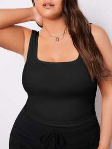 SHEIN BASICS Plus Size Women Solid Color Casual Traditional Push Up Crop Tanktop Shapewear Tight Fitting Black Summer Tops Formal Vacation Formal Home Wear - Black - View 6