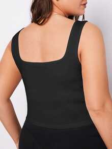 SHEIN BASICS Plus Size Women Solid Color Casual Traditional Push Up Crop Tanktop Shapewear Tight Fitting Black Summer Tops Formal Vacation Formal Home Wear - Black - View 3