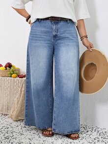 SHEIN Tall CURVE 春夏季女款大尺碼老錢風度假海灘正式休閒傳統寬鬆水洗低腰寬腿牛仔褲淺藍色 - 藍色 - 查看 8