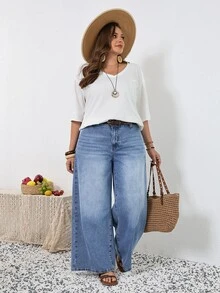 SHEIN Tall CURVE 春夏季女款大尺碼老錢風度假海灘正式休閒傳統寬鬆水洗低腰寬腿牛仔褲淺藍色 - 藍色 - 查看 6