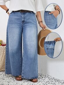 SHEIN Tall CURVE 春夏季女款大尺碼老錢風度假海灘正式休閒傳統寬鬆水洗低腰寬腿牛仔褲淺藍色 - 藍色 - 查看 9