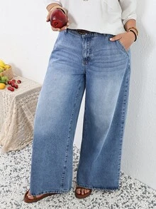 SHEIN Tall CURVE 春夏季女款大尺碼老錢風度假海灘正式休閒傳統寬鬆水洗低腰寬腿牛仔褲淺藍色 - 藍色 - 查看 7