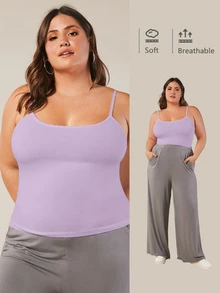 SHEIN BASICS Plus Size Women Solid Color Fitted Casual Básica Traditional Baggy Elegant Versatile Camisole Light Purple Summer Tops Office Vacation Formal - Mauve Purple - View 8