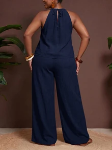 Veslaya 2026 Spring/Summer Women's Plus Size New All-Match Versatile Cruise Travel Casual Comfortable Multi-Occasion Office Commute Halter Top And Pants Set - Navy Blue - View 4
