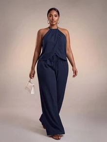 Veslaya 2026 Spring/Summer Women's Plus Size New All-Match Versatile Cruise Travel Casual Comfortable Multi-Occasion Office Commute Halter Top And Pants Set - Navy Blue - View 9