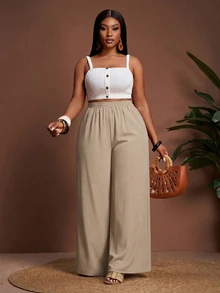 Veslaya Plus Size Casual Vacation Elastic Waist Loose Wide Leg Pants Fall - Apricot - View 6