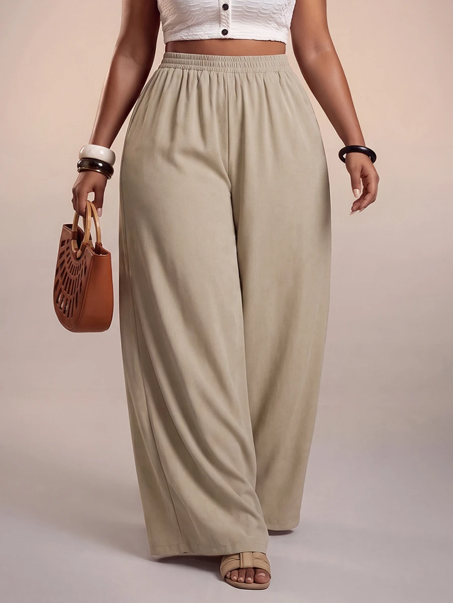 Veslaya Plus Size Casual Vacation Elastic Waist Loose Wide Leg Pants Fall - Apricot - View 1