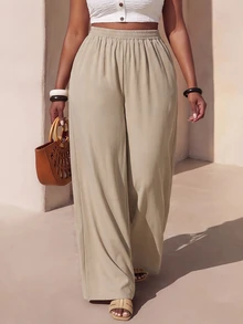Veslaya Plus Size Casual Vacation Elastic Waist Loose Wide Leg Pants Fall - Apricot - View 2