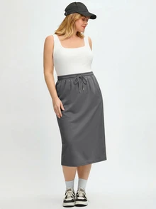 SHEIN BASICS 大尺碼女款休閒傳統基礎款寬鬆純色抽繩裙 秋季 辦公 正式 度假 海灘 生日 機場 灰色 - 深灰色 - 查看 6