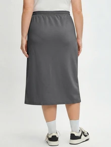 SHEIN BASICS 大尺碼女款休閒傳統基礎款寬鬆純色抽繩裙 秋季 辦公 正式 度假 海灘 生日 機場 灰色 - 深灰色 - 查看 2