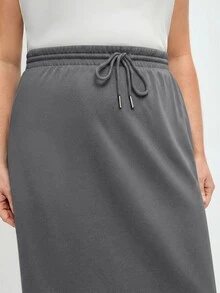 SHEIN BASICS 大尺碼女款休閒傳統基礎款寬鬆純色抽繩裙 秋季 辦公 正式 度假 海灘 生日 機場 灰色 - 深灰色 - 查看 3