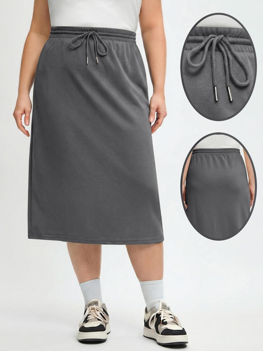 SHEIN BASICS 大尺碼女款休閒傳統基礎款寬鬆純色抽繩裙 秋季 辦公 正式 度假 海灘 生日 機場 灰色 - 深灰色 - 查看 1