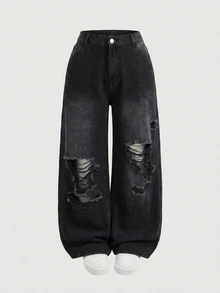 SHEIN MOD Plus Size Women Loose Fit Ripped Black Wide Leg Jeans Vacation Beach Summer Grunge 80's - Black - View 2