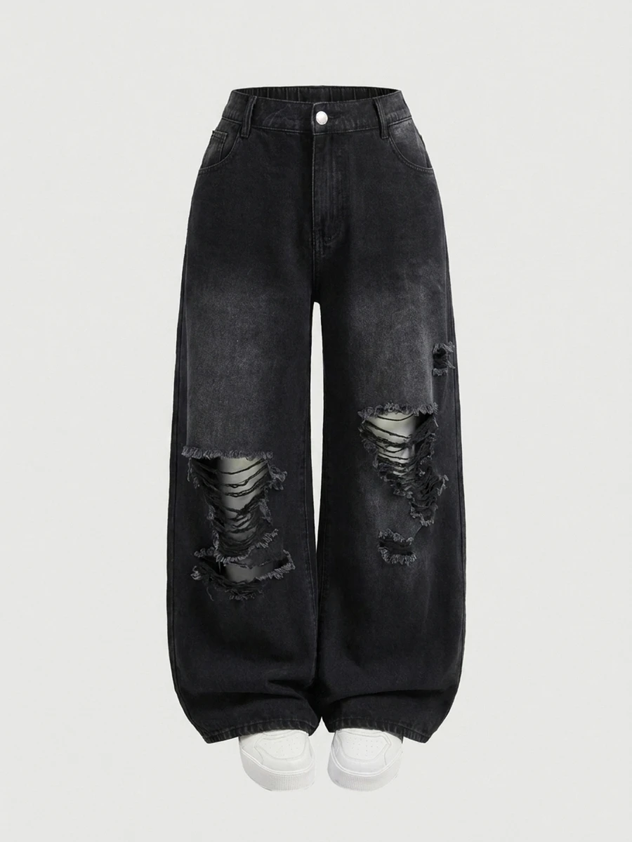 SHEIN MOD Plus Size Women Loose Fit Ripped Black Wide Leg Jeans Vacation Beach Summer Grunge 80's