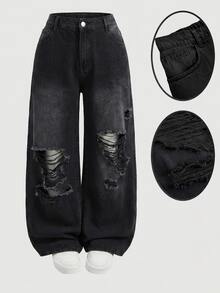 SHEIN MOD Plus Size Women Loose Fit Ripped Black Wide Leg Jeans Vacation Beach Summer Grunge 80's - Black - View 6