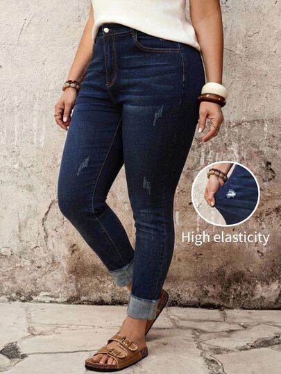 SHEIN ICON بنطلون جينز نسائي مقاس كبير بجيوب ممزق ضيق كاجوال تقليدي متعدد الاستخدامات رسمي للنادي باللون الأزرق الداكن للخريف