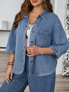 EMERY ROSE EMERY ROSE Plus Size Solid Color Casual Baggy Cowgirl Long Sleeve Denim Shirt, Light Blue, Summer, Travel, Commuting, Vacation, Elegant, Date Formal Beach Club - Blue - View 7