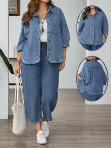 EMERY ROSE EMERY ROSE Plus Size Solid Color Casual Baggy Cowgirl Long Sleeve Denim Shirt, Light Blue, Summer, Travel, Commuting, Vacation, Elegant, Date Formal Beach Club - Blue - View 2