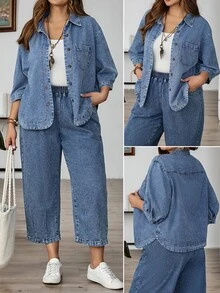 EMERY ROSE EMERY ROSE Plus Size Solid Color Casual Baggy Cowgirl Long Sleeve Denim Shirt, Light Blue, Summer, Travel, Commuting, Vacation, Elegant, Date Formal Beach Club - Blue - View 11