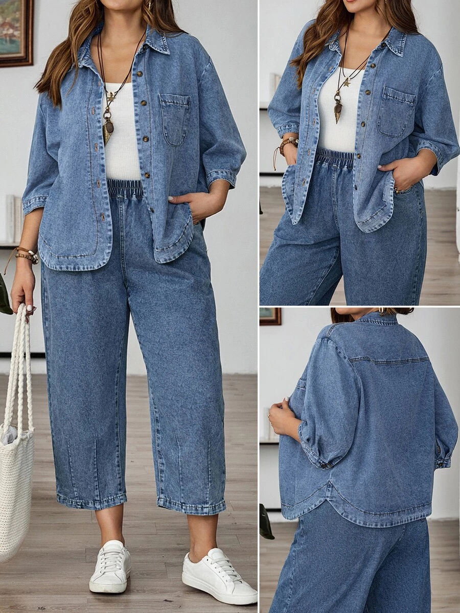 EMERY ROSE EMERY ROSE Plus Size Solid Color Casual Baggy Cowgirl Long Sleeve Denim Shirt, Light Blue, Summer, Travel, Commuting, Vacation, Elegant, Date Formal Beach Club