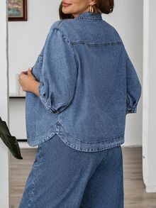 EMERY ROSE EMERY ROSE Plus Size Solid Color Casual Baggy Cowgirl Long Sleeve Denim Shirt, Light Blue, Summer, Travel, Commuting, Vacation, Elegant, Date Formal Beach Club - Blue - View 3