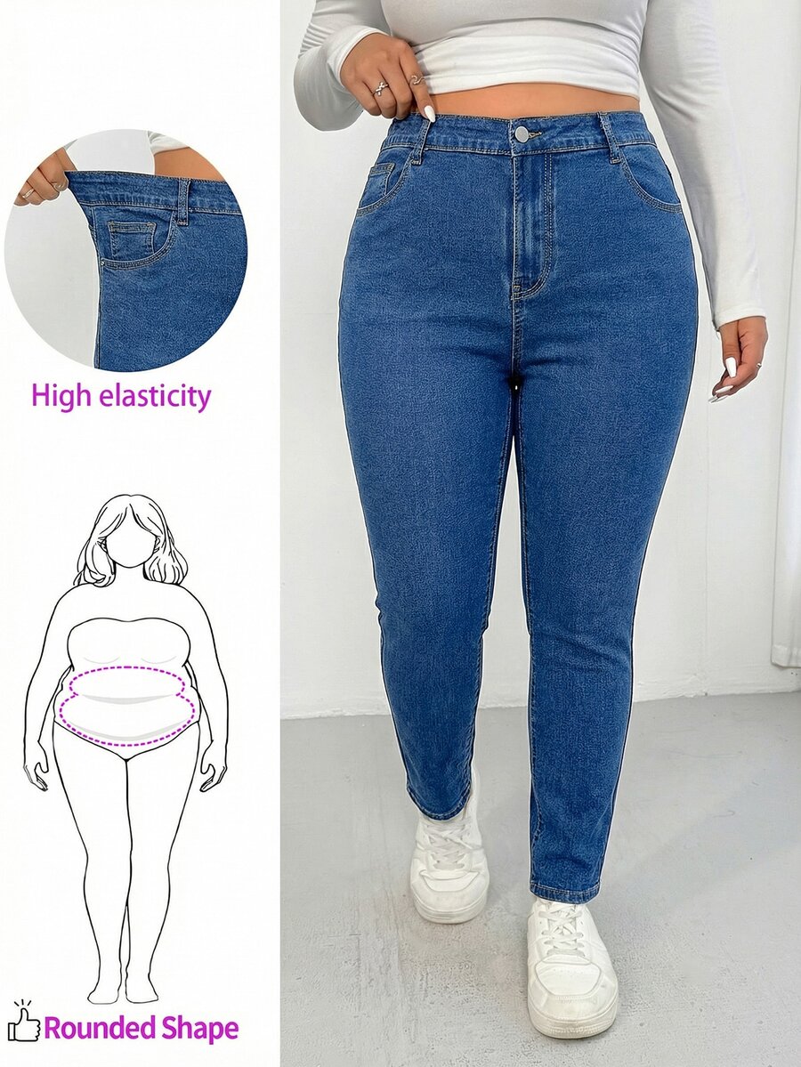 Enliva Plus Size Women's Solid Color Casual Traditional Baggy High Stretch Jeans, For Apple And Rounded Body Shape Formal Vacation Club Navy Blue Summer - Medium Wash - View 1