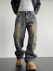 RivetRise Y2K 复古街头服饰男士浅蓝色水洗宽松破洞阔腿牛仔裤，适合送给丈夫、男朋友的礼物，适合外出聚会、通勤、街头、都市、emo 风格 - 淺色水洗藍 - 查看 5