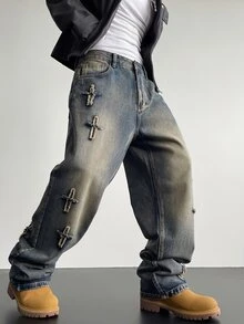 RivetRise Y2K 复古街头服饰男士浅蓝色水洗宽松破洞阔腿牛仔裤，适合送给丈夫、男朋友的礼物，适合外出聚会、通勤、街头、都市、emo 风格 - 淺色水洗藍 - 查看 6