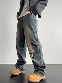 RivetRise Y2K 复古街头服饰男士浅蓝色水洗宽松破洞阔腿牛仔裤，适合送给丈夫、男朋友的礼物，适合外出聚会、通勤、街头、都市、emo 风格 - 淺色水洗藍 - 查看 7