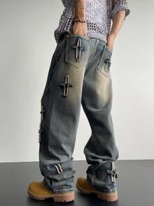 RivetRise Y2K 复古街头服饰男士浅蓝色水洗宽松破洞阔腿牛仔裤，适合送给丈夫、男朋友的礼物，适合外出聚会、通勤、街头、都市、emo 风格 - 淺色水洗藍 - 查看 2
