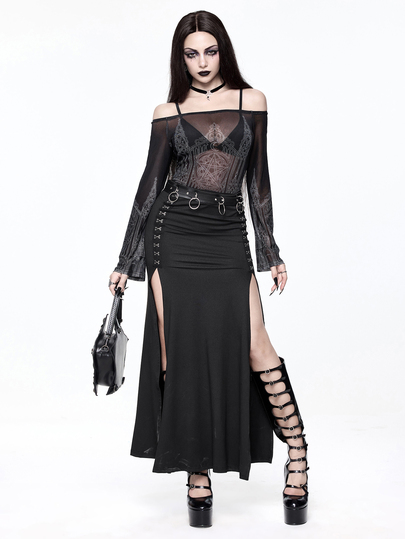 Goth Camiseta sin mangas negra con cruz de iglesia gótica oscura y misteriosa, sexy con malla y hombros descubiertos, estampado de lámina plateada de cuento de hadas oscuro para mujer