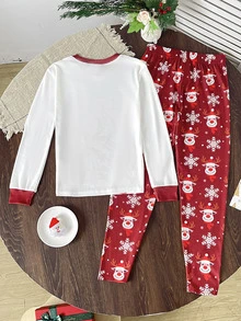 SHEIN 少女秋冬聖誕可愛時尚百搭派對長袖褲套裝日常家居服 - 紅白色 - 查看 2