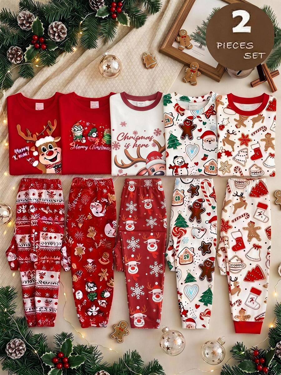 SHEIN Tween Girls Tween Girl Autumn Winter Christmas Cute Fashion Versatile Party Long Sleeve Pants Set Daily Home Wear - Red and White - View 1