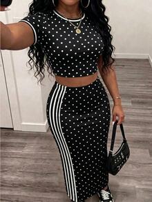 Slaydiva Tight Short Sleeve Round Neck T-Shirt And Fitted Maxi Skirt 2 Pieces Set - Black - View 7