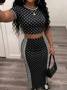 Slaydiva Tight Short Sleeve Round Neck T-Shirt And Fitted Maxi Skirt 2 Pieces Set - Black - View 8