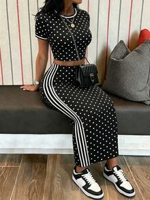 Slaydiva Tight Short Sleeve Round Neck T-Shirt And Fitted Maxi Skirt 2 Pieces Set - Black - View 6
