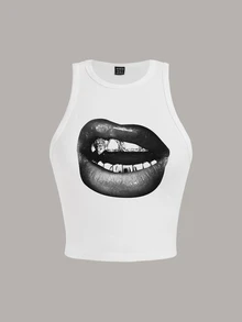 Slaydiva Casual Simple Lips Print Plus Size Women Sleeveless Tank Top, Suitable For Summer Back To School - White - View 2