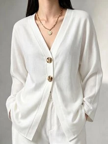 SHEIN Women's Autumn Elegant Minimalist Fashion Solid Color Metal Buckle Raglan Sleeve Thin Jacket, Suitable For Daily Commute Wear Office White - White - View 3
