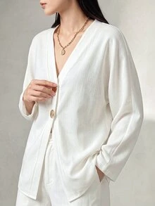 SHEIN Women's Autumn Elegant Minimalist Fashion Solid Color Metal Buckle Raglan Sleeve Thin Jacket, Suitable For Daily Commute Wear Office White - White - View 6