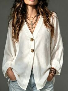 SHEIN Women's Autumn Elegant Minimalist Fashion Solid Color Metal Buckle Raglan Sleeve Thin Jacket, Suitable For Daily Commute Wear Office White - White - View 1
