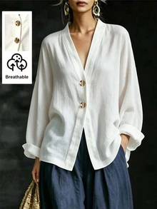 SHEIN Women's Autumn Elegant Minimalist Fashion Solid Color Metal Buckle Raglan Sleeve Thin Jacket, Suitable For Daily Commute Wear Office White - White - View 4