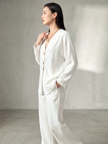 SHEIN Women's Autumn Elegant Minimalist Fashion Solid Color Metal Buckle Raglan Sleeve Thin Jacket, Suitable For Daily Commute Wear Office White - White - View 7